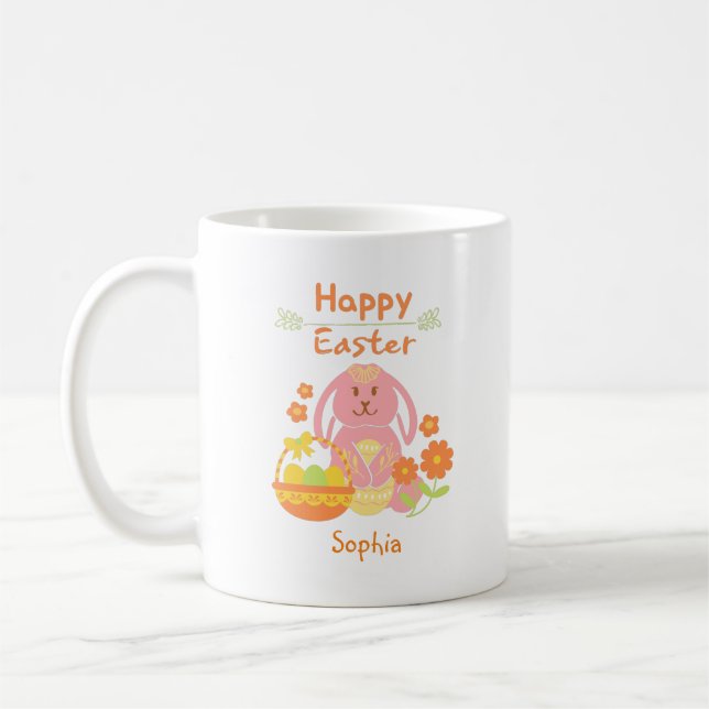 Happy Easter Pink Rabbit and Flowers Coffee Mug (Left)