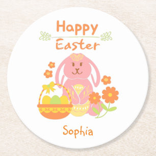 Happy Easter Pink Rabbit and Flowers   Round Paper Coaster