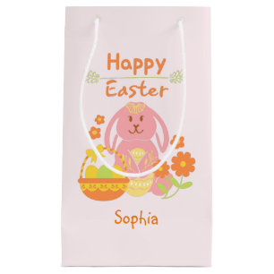 Happy Easter Pink Rabbit and Flowers Small Gift Ba Bag