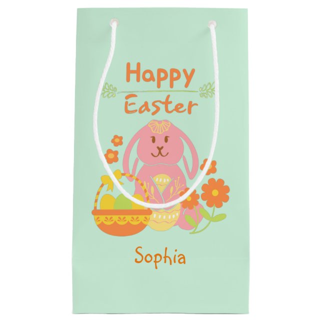 Happy Easter Pink Rabbit and Flowers  Small Gift Bag (Front)