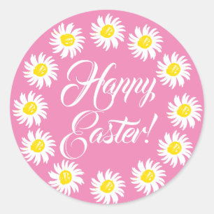 Happy Easter pink script cute daisy cheerful fun Classic Round Sticker