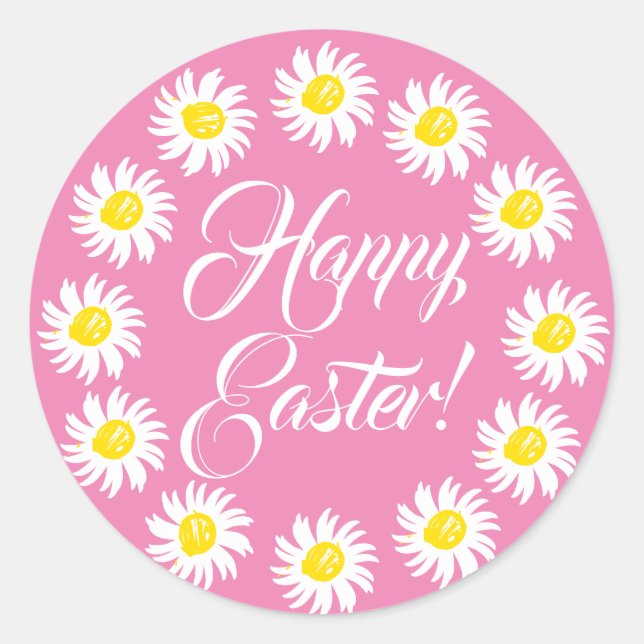 Happy Easter pink script cute daisy cheerful fun Classic Round Sticker (Front)
