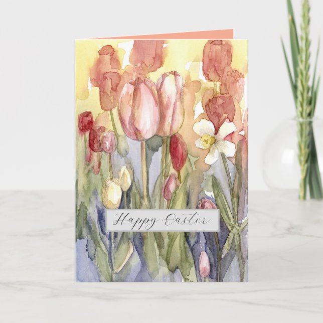 Happy Easter Pink Tulips Daffodil Watercolor Card (Front)