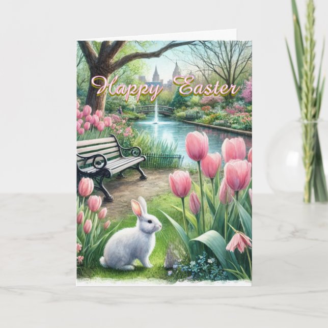 Happy Easter Pink Tulips Folded Greeting Card (Front)