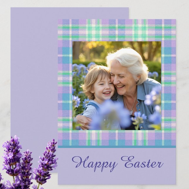 Happy Easter Plaid One Photo Purple Blue Pastel Holiday Card (Creator Uploaded)