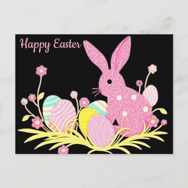 Happy Easter Postcard with Cute Pink Bunny (Front)