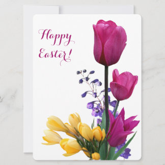 Happy Easter pretty pink tulips yellow crocus cute Holiday Card