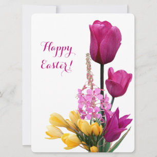 Happy Easter pretty pink tulips yellow floral love Holiday Card