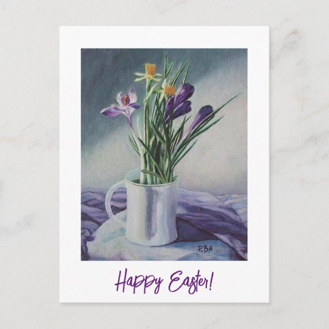 Happy Easter pretty purple crocuses floral art  Postcard (Front)