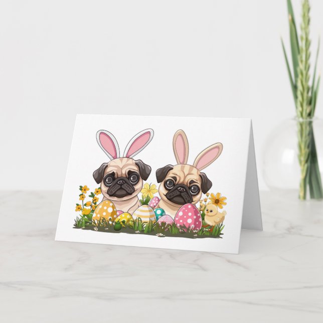 Happy Easter Pug Dogs Bunny Ears Holiday Card (Front)