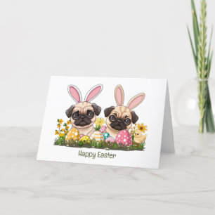 Happy Easter Pug Dogs Bunny Ears Holiday Card
