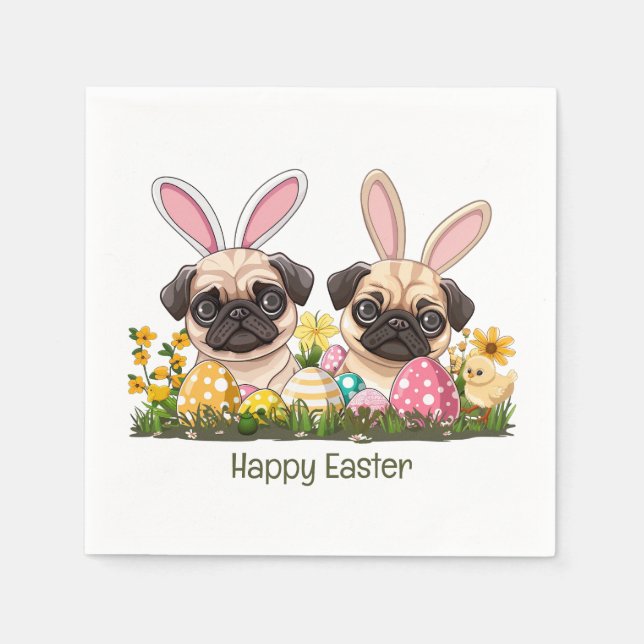 Happy Easter Pug Dogs Bunny Ears Napkin (Front)