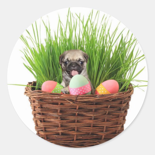 Happy Easter pug puppy Classic Round Sticker (Front)