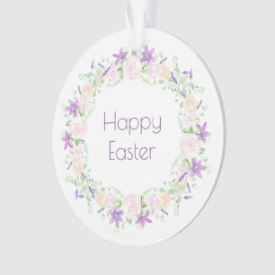 Happy Easter Purple and White Flowers Ornament