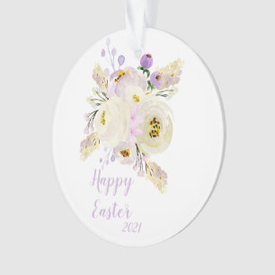 Happy Easter Purple and White Flowers Ornament