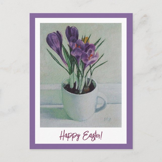 Happy Easter purple crocuses vintage fine art  Postcard (Front)
