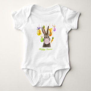 Happy Easter Rabbit Blowing Pink Bubble gum Baby Bodysuit