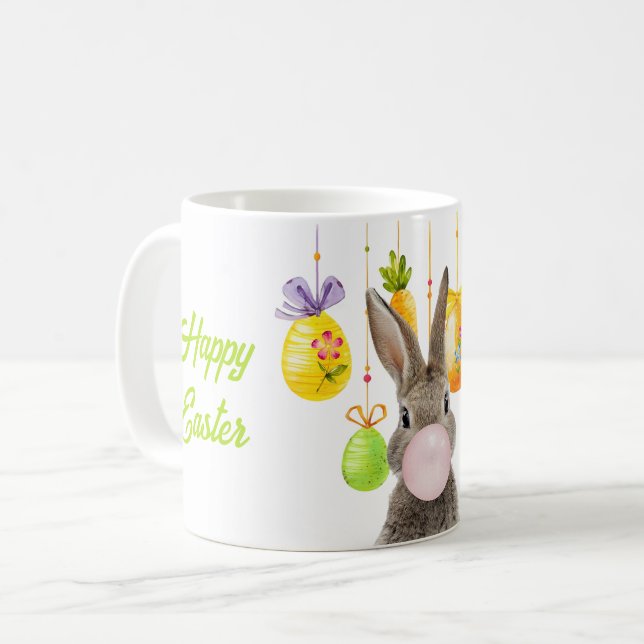 Happy Easter Rabbit Blowing Pink Bubble gum Coffee Mug (Front Left)