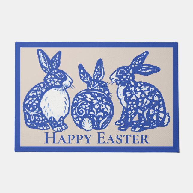 Happy Easter Rabbit Bunny Blue White Delft Dedham Doormat (Front)