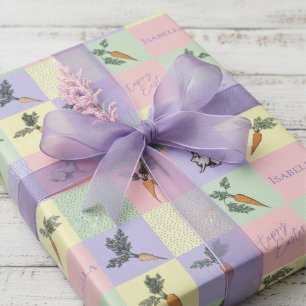 Happy Easter Rabbit & Carrot Purple Squares Wrapping Paper