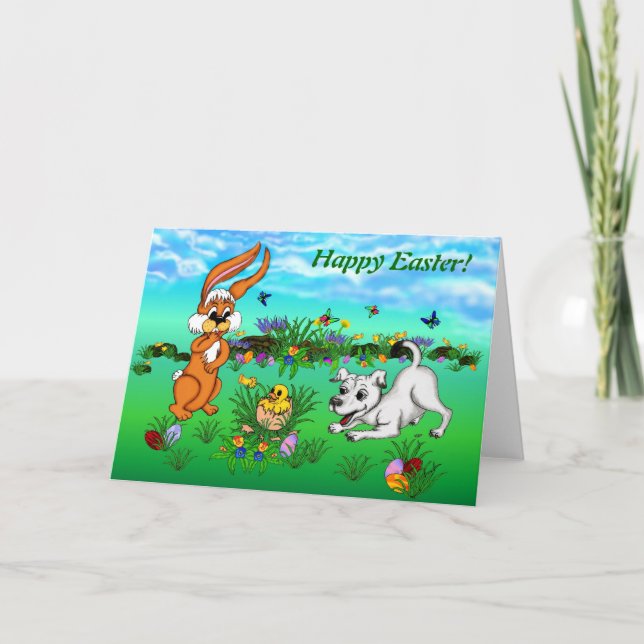 Happy Easter! Rabbit, Chick and Puppy Holiday Card (Front)
