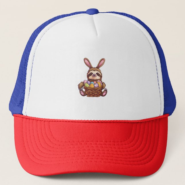 Happy Easter Rabbit Easter Eggs Basket Sloth Easte Trucker Hat (Front)