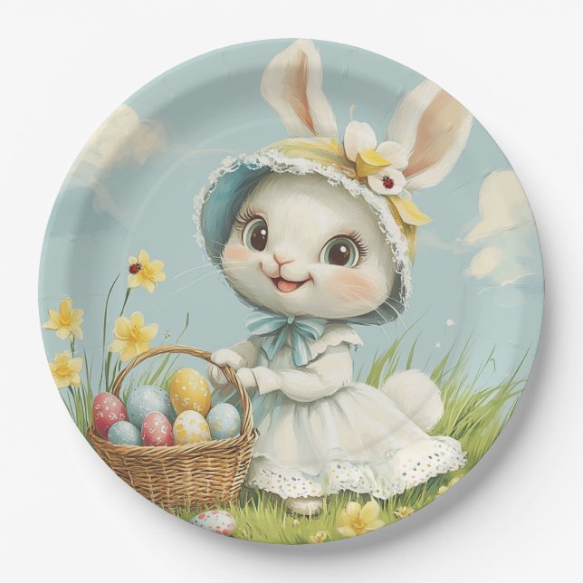 Happy Easter Rabbit Eggs Daffodils Butterflies  Paper Plate (Front)