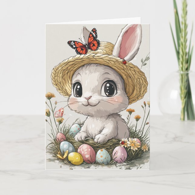 Happy Easter Rabbit Eggs Ladybug Butterflies  Card (Front)