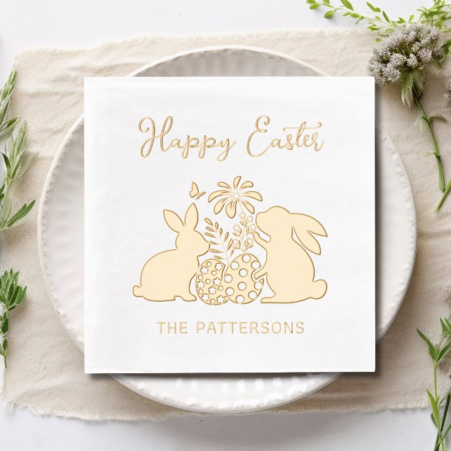 Happy Easter Rabbit Flowers Eggs Personalised Name Foil Napkins (Creator Uploaded)