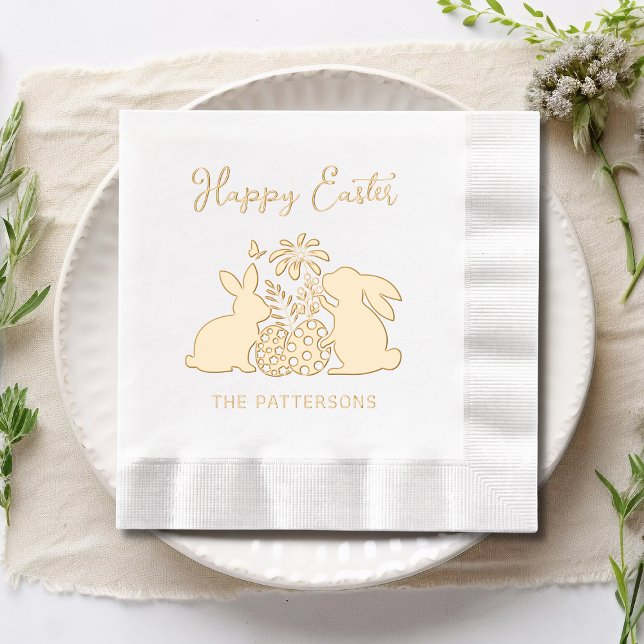 Happy Easter Rabbit Flowers Eggs Personalised Name Foil Napkins (Creator Uploaded)