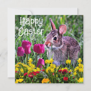 Happy Easter Rabbit Spring Flowers Holiday Card