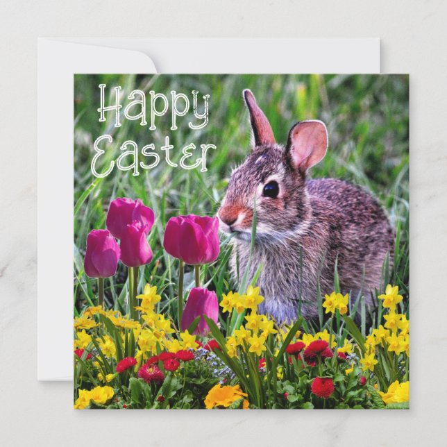 Happy Easter Rabbit Spring Flowers Holiday Card (Front)