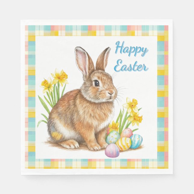 Happy Easter Rabbit Spring Plaid  Napkin (Front)