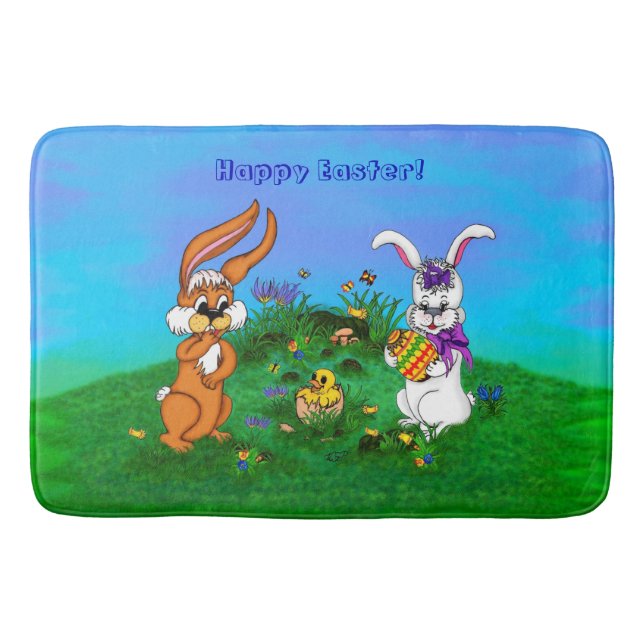 Happy Easter! Rabbit with Bunny and Chick Bath Mat (Front)