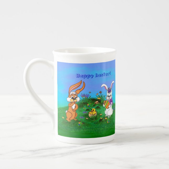 Happy Easter! Rabbit with Bunny and Chick Bone China Mug (Left)
