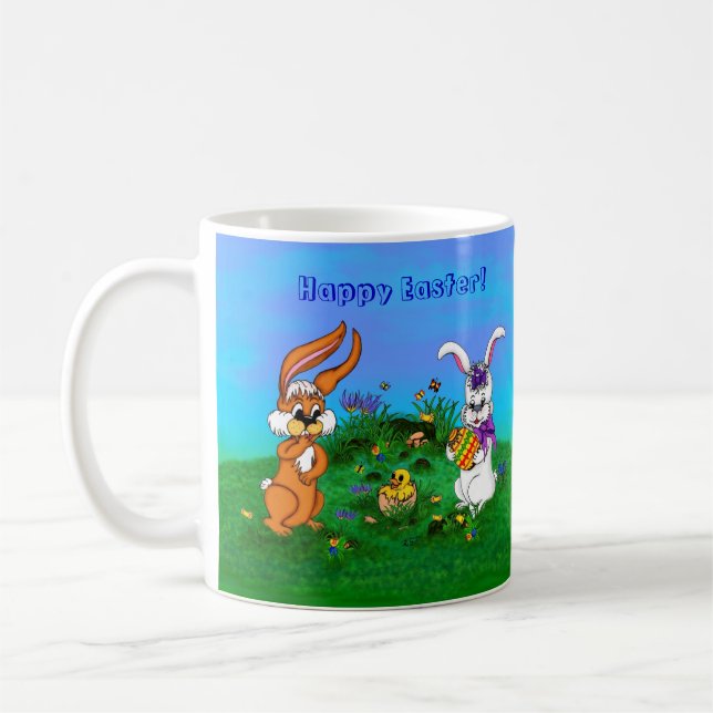 Happy Easter! Rabbit with Bunny and Chick Coffee Mug (Left)