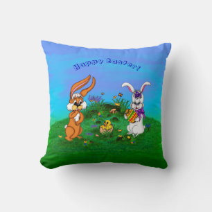 Happy Easter! Rabbit with Bunny and Chick Cushion