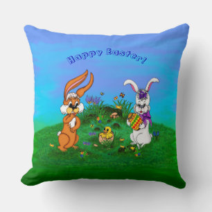 Happy Easter! Rabbit with Bunny and Chick Cushion
