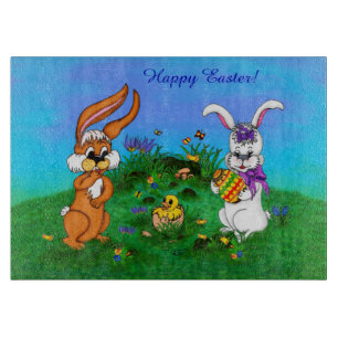 Happy Easter! Rabbit with Bunny and Chick Cutting Board