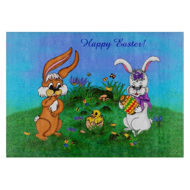 Happy Easter! Rabbit with Bunny and Chick Cutting Board (Front)