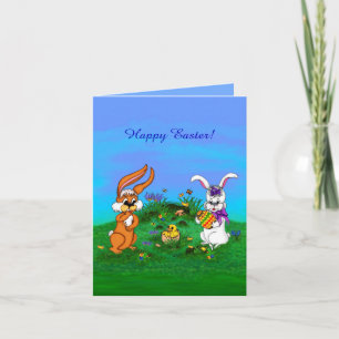 Happy Easter! Rabbit with Bunny and Chick Holiday Card