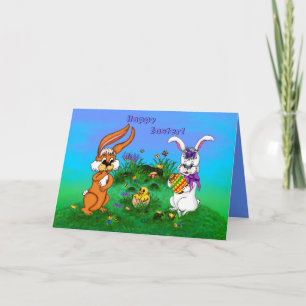 Happy Easter! Rabbit with Bunny and Chick Holiday Card