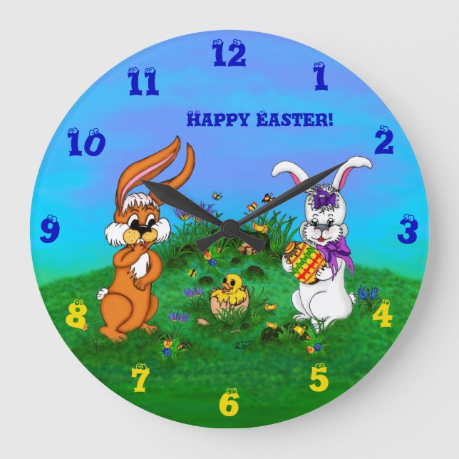 Happy Easter! Rabbit with Bunny and Chick Large Clock (Front)