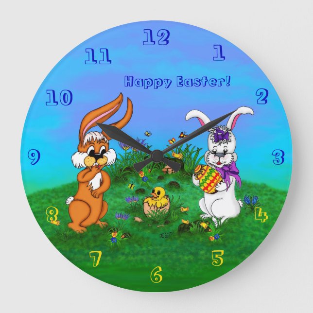 Happy Easter! Rabbit with Bunny and Chick Large Clock (Front)
