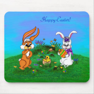 Happy Easter! Rabbit with Bunny and Chick Mouse Pad