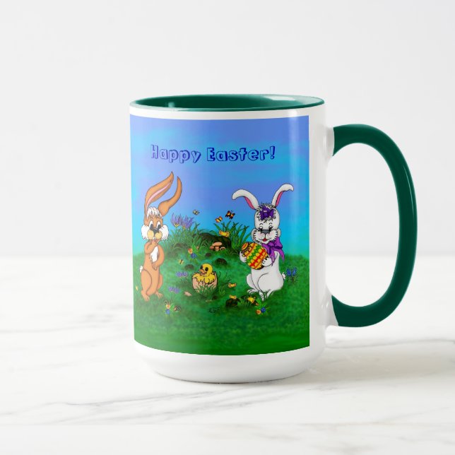 Happy Easter! Rabbit with Bunny and Chick Mug (Right)