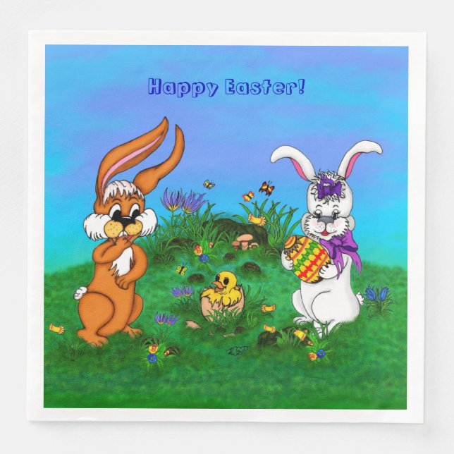 Happy Easter! Rabbit with Bunny and Chick Napkin (Front)