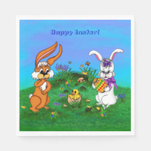 Happy Easter! Rabbit with Bunny and Chick Napkin