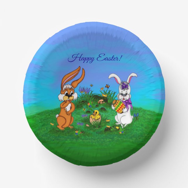 Happy Easter! Rabbit with Bunny and Chick Paper Plate (Front)