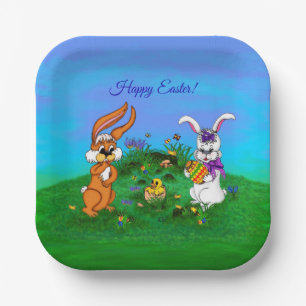 Happy Easter! Rabbit with Bunny and Chick Paper Plate